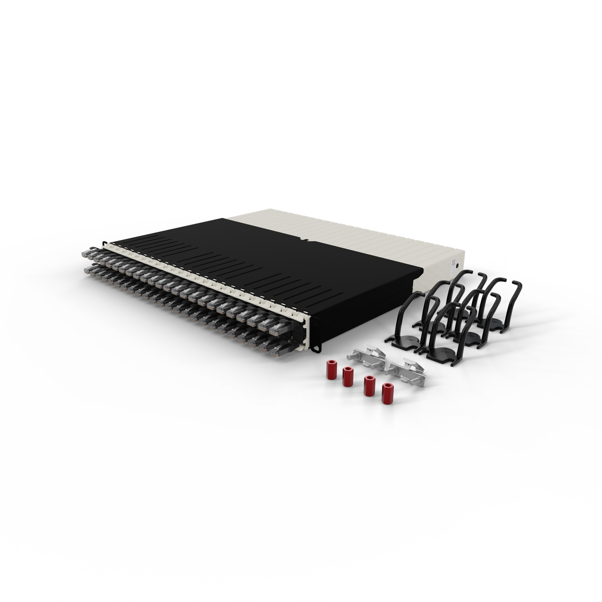 Un componente rack server bianco e nero con porte multiple e hardware di montaggio.