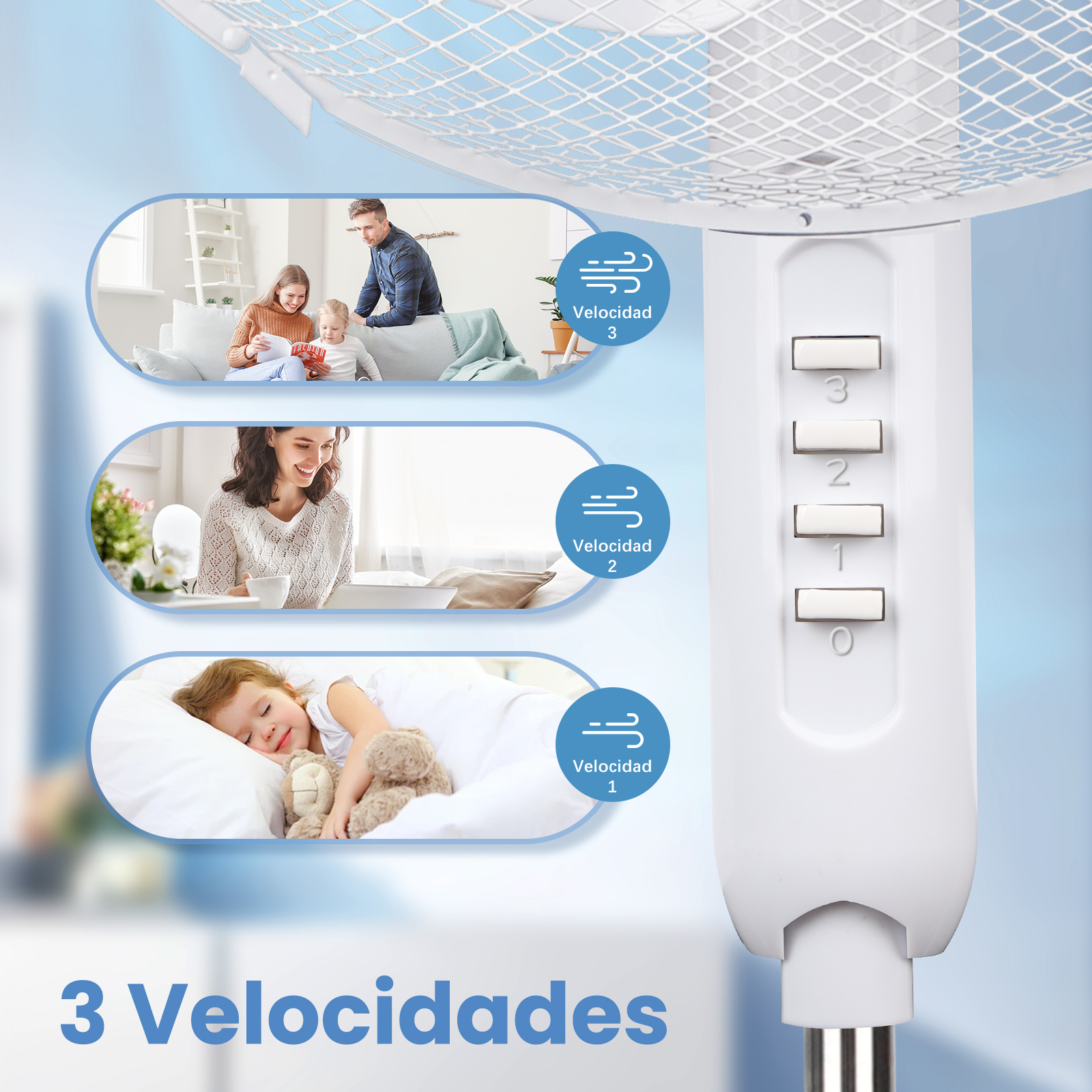 Ventilador con ajustes de velocidad e ilustraciones de personas en diferentes situaciones.