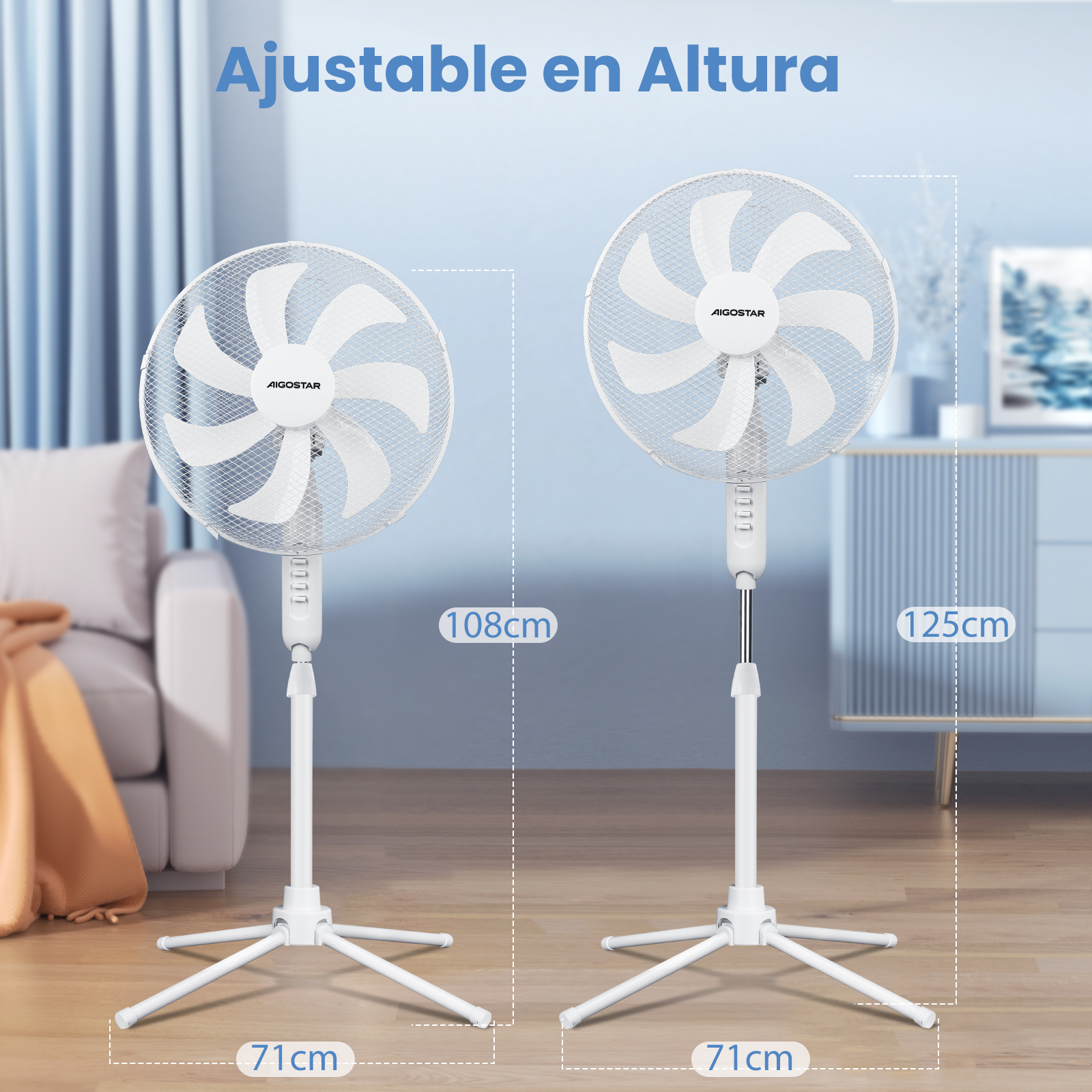 Dos ventiladores de pie blancos. Texto que indica altura y anchura. Fondo es un ambiente.