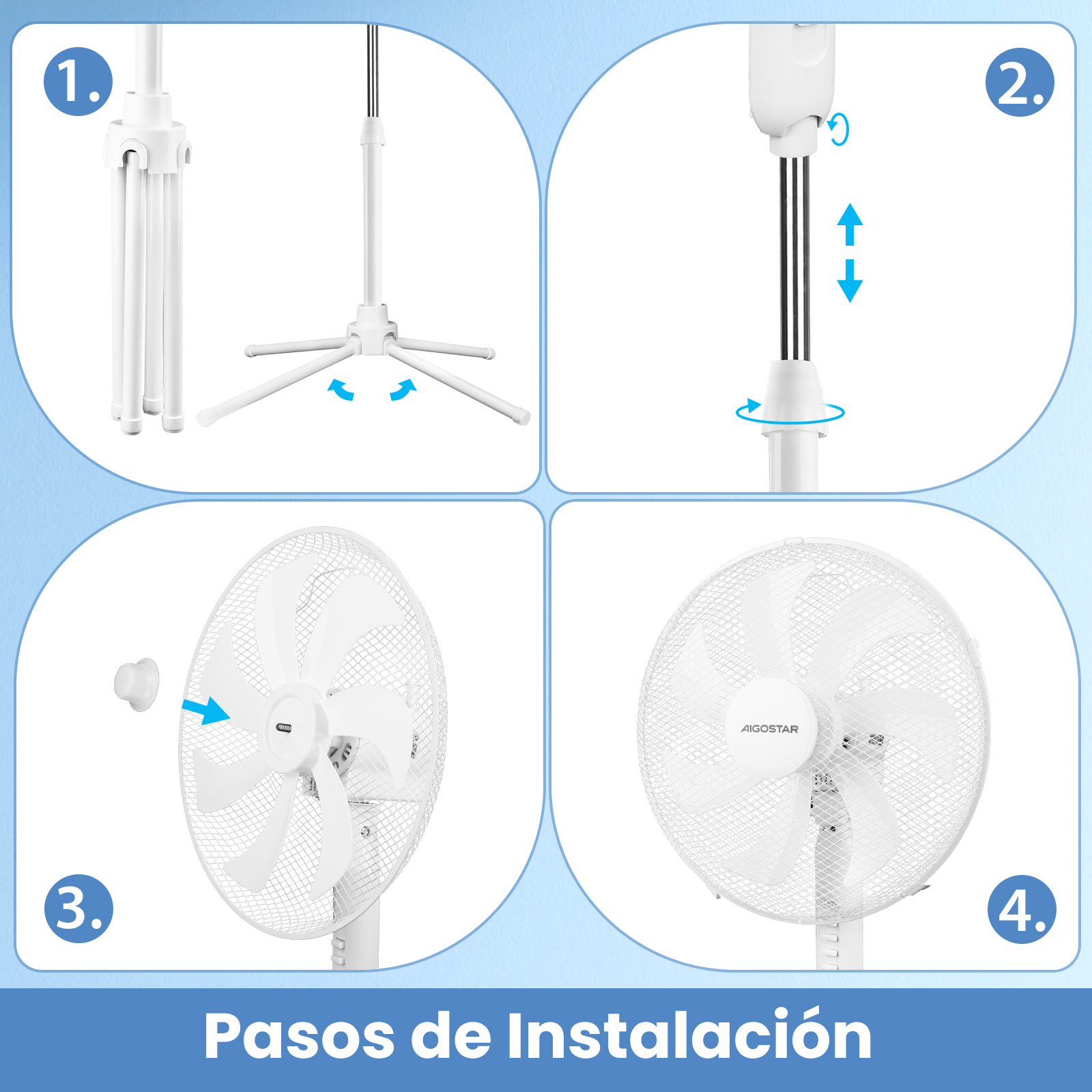 Instrucciones de cuatro pasos sobre cómo ensamblar un ventilador de pie blanco. Fondo azul.
