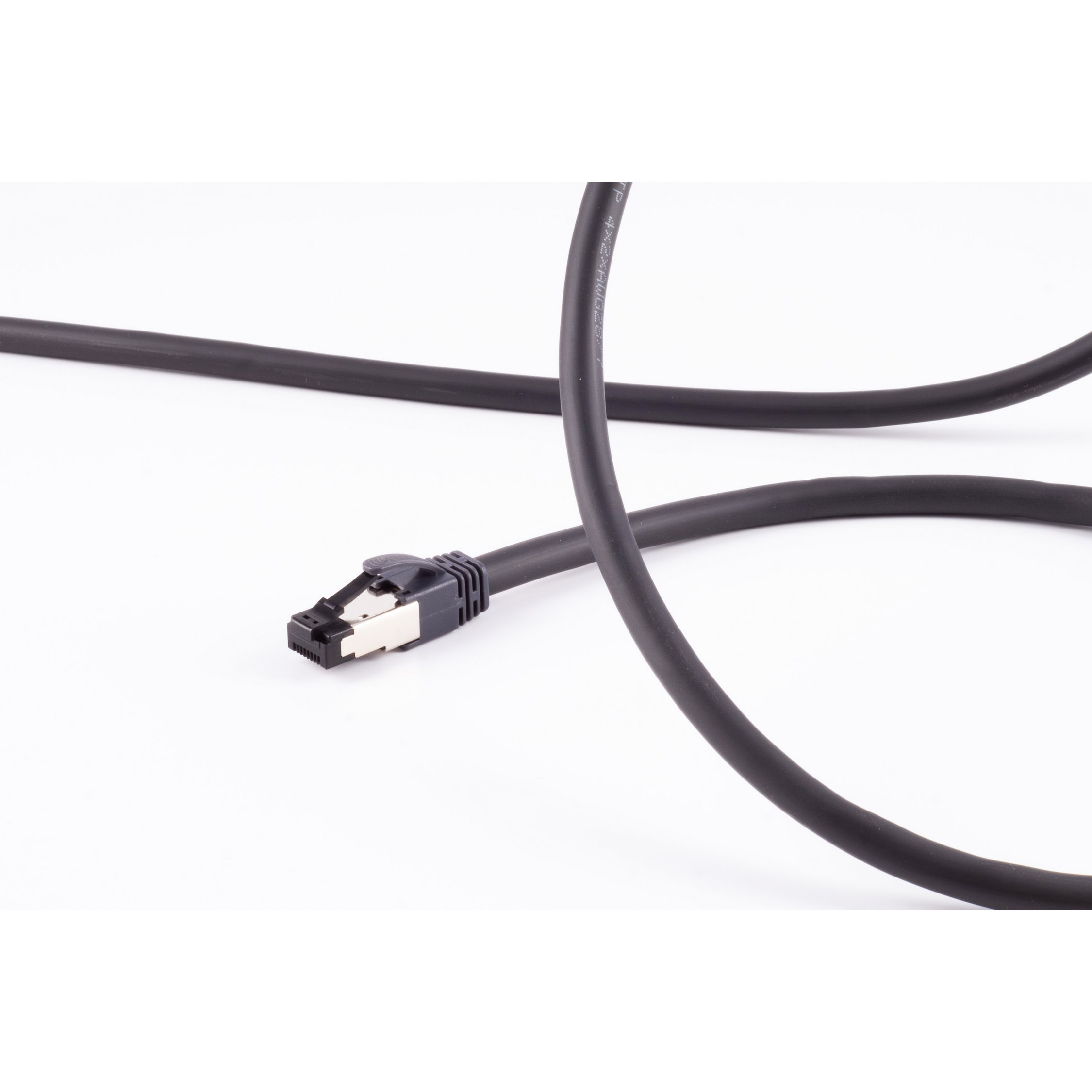 Cavo di rete nero con connettore RJ45 su sfondo bianco.