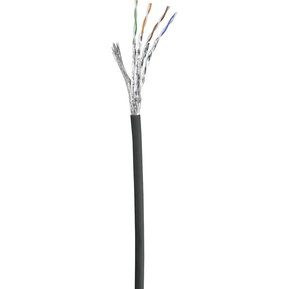 Cavo di rete tagliato con fili multicolori e guaina nera.