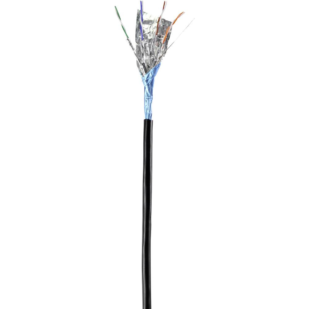 Cavo Ethernet tagliato che mostra i fili interni, guaina nera, bianco.