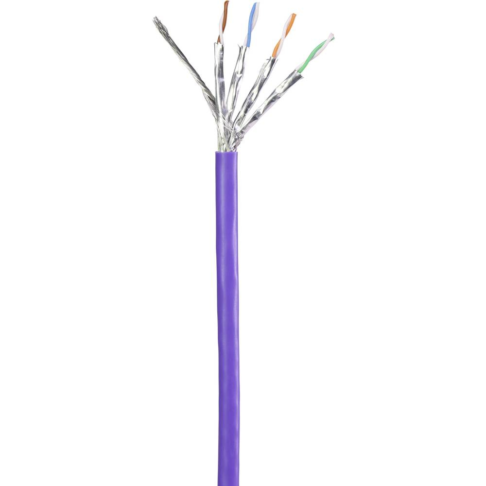 Cavo di rete viola con fili esposti su sfondo bianco.