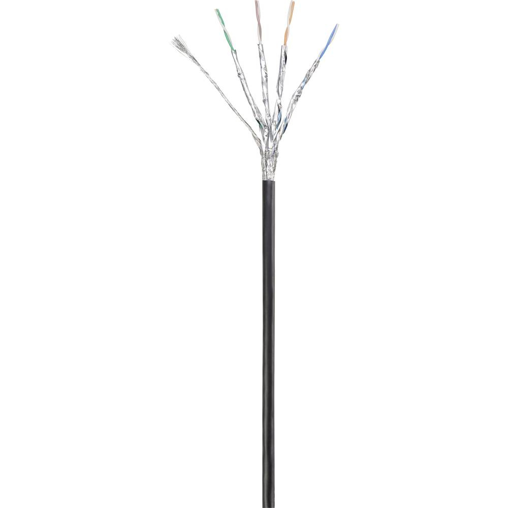 Cavo Ethernet tagliato che mostra i fili interni, guaina nera, bianco.