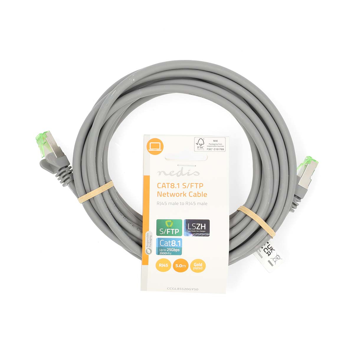 Kabel sieciowy Nedis CAT8.1 S/FTP. Szary kabel z zielonymi złączami, zapakowany. RJ45 męski na męski.