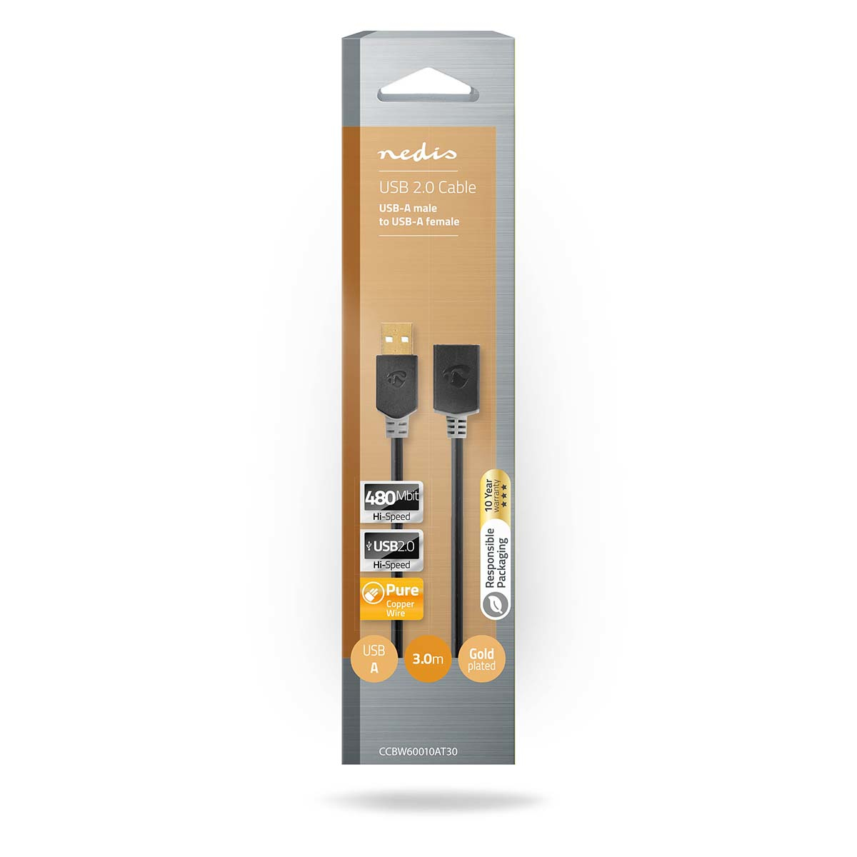 USB 2.0 Kabelverpackung, schwarzes Kabel, Text und Logo, weißer Hintergrund.