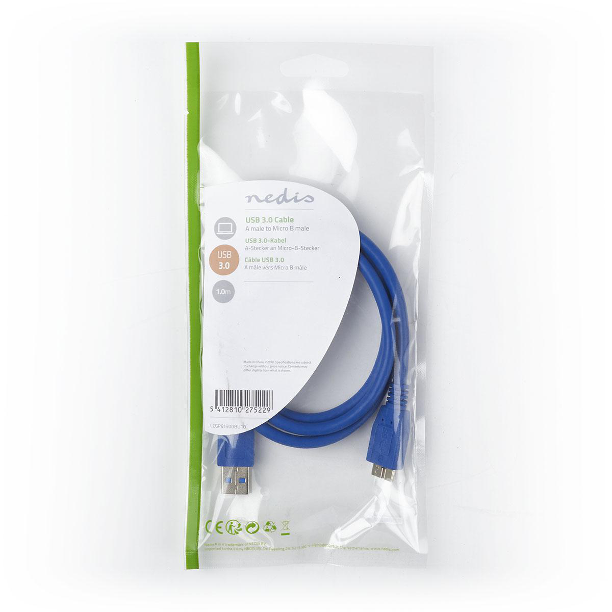 Cavo USB 3.0 blu in una confezione di plastica trasparente. La confezione ha accenti bianchi e verdi.