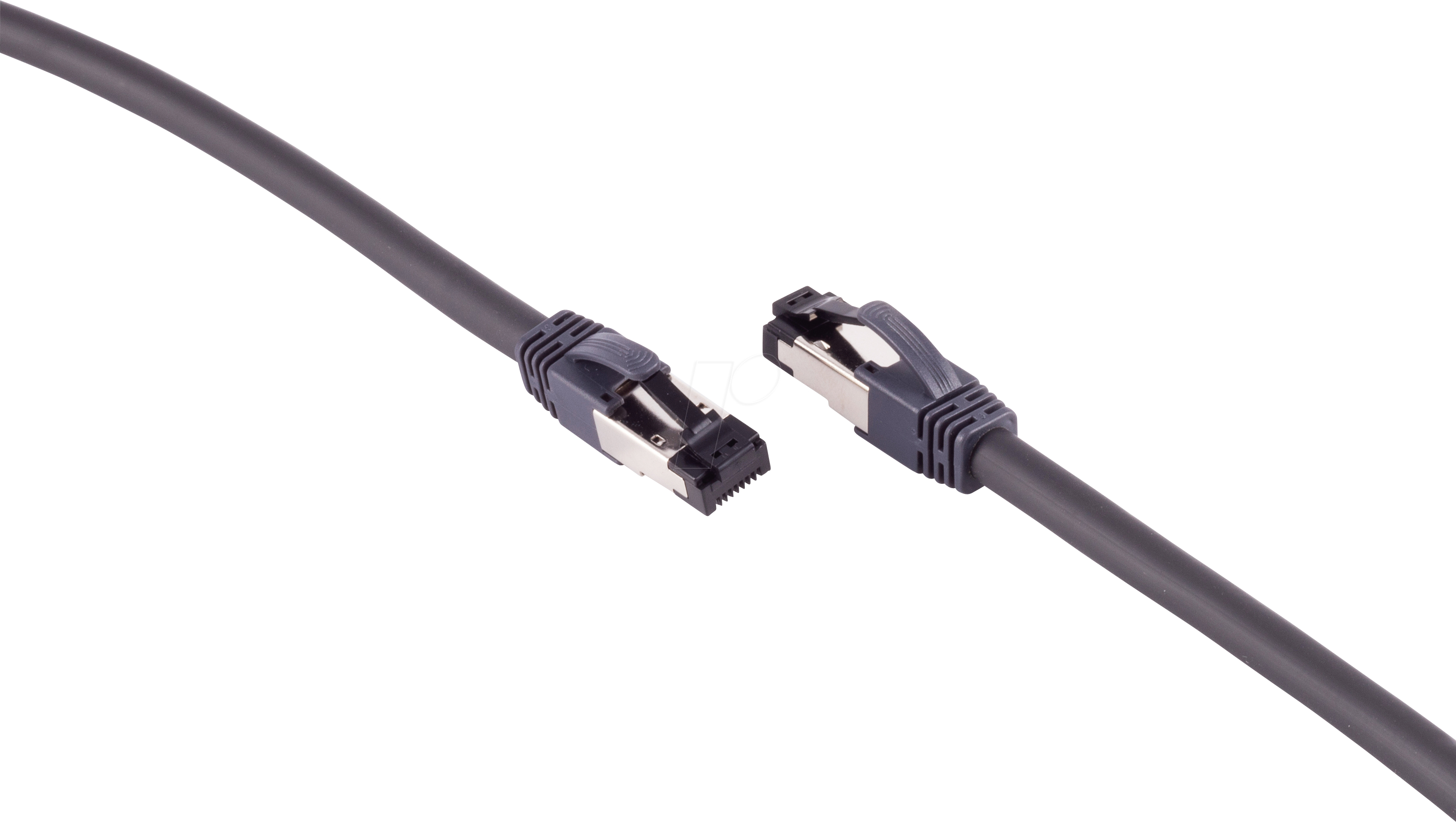 Due connettori per cavi Ethernet, neri e grigi. I connettori sono su una superficie bianca.