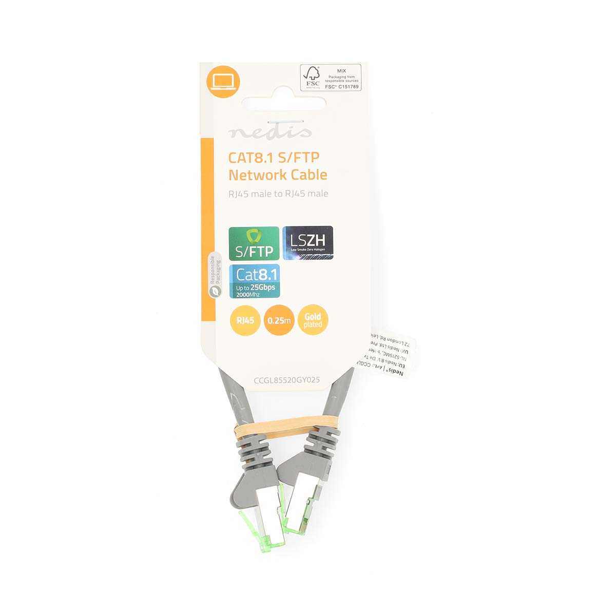 Kabel sieciowy w opakowaniu. Złącza RJ45, czarny kabel.