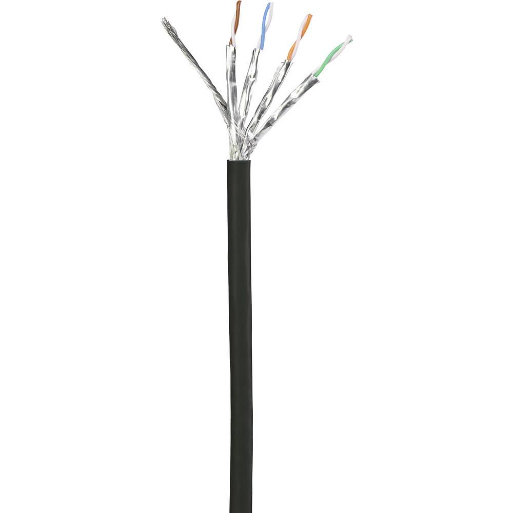 Cavo Ethernet tagliato che mostra i fili interni, guaina nera, bianco.