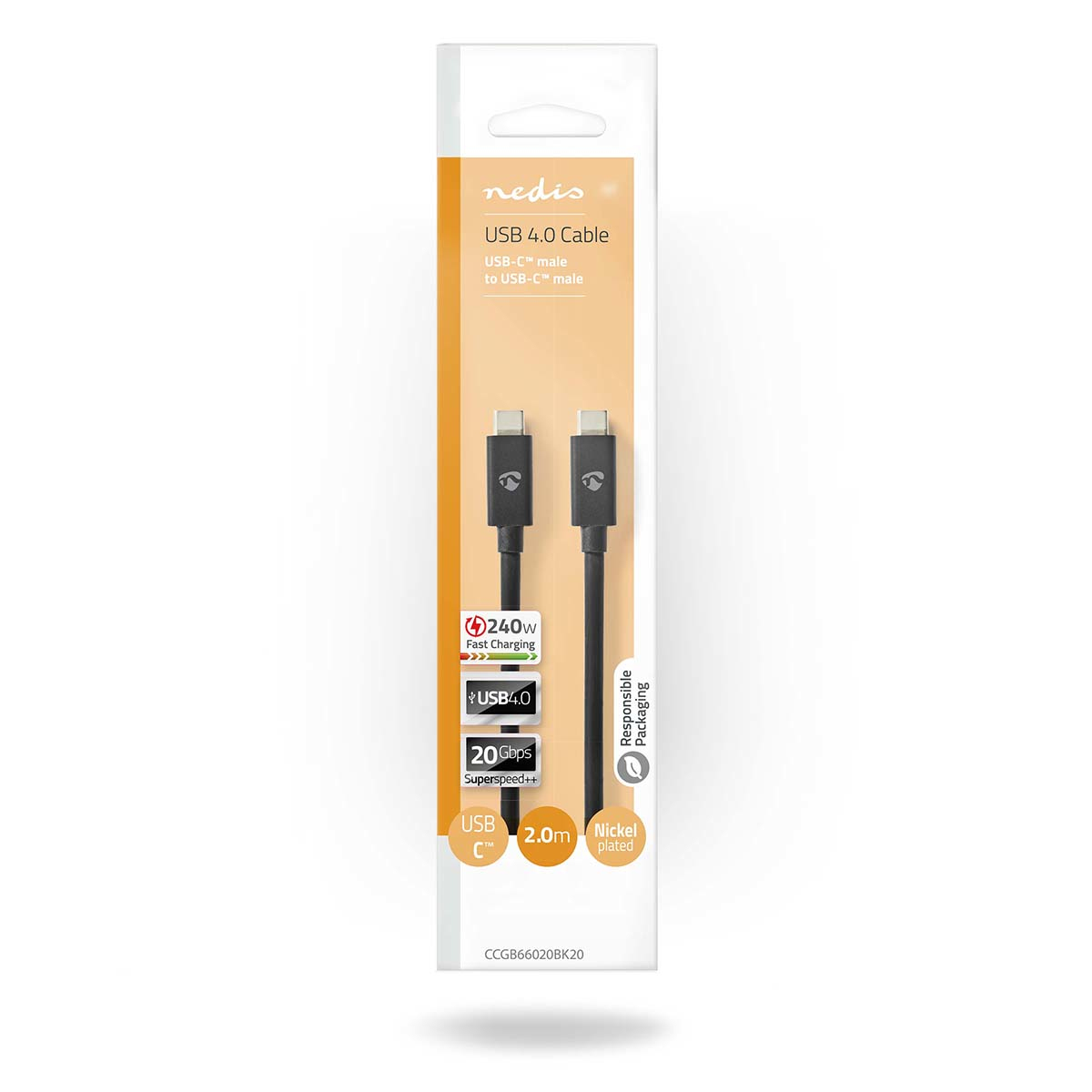 Nedis USB 4.0 Kabel, USB-C Stecker auf Stecker. Schwarzes Kabel in Verpackung, mit USB 4.0.