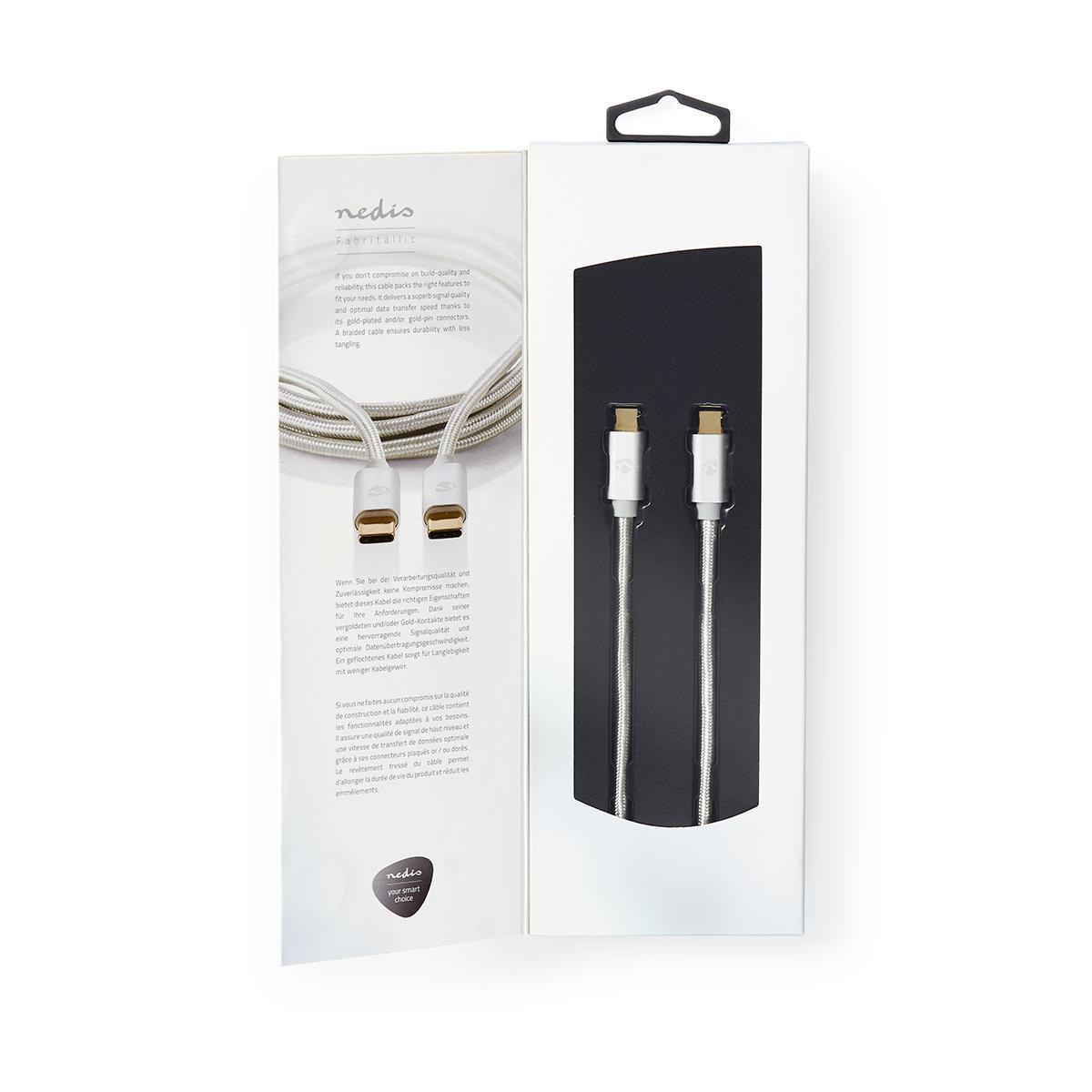 Weißes und silbernes Kabel mit Box, eine Produktpräsentation.