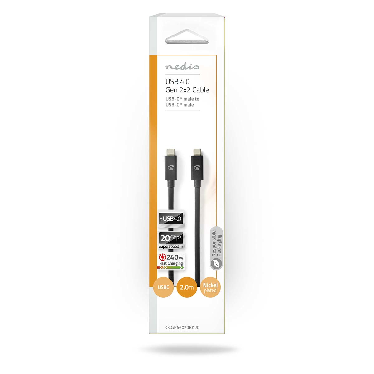 USB 4.0 cable in packaging, black cable, USB-C male to USB-C male.