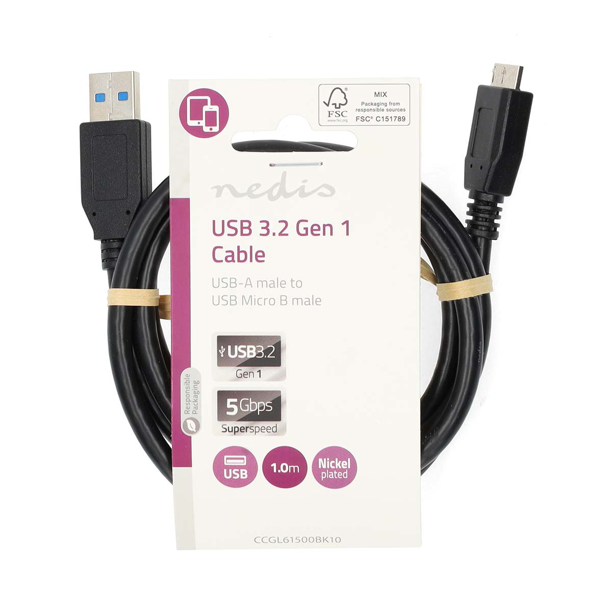 Schwarzes USB-Kabel mit USB-A- und USB-Micro-B-Anschlüssen. Das Kabel ist auf einer weißen Oberfläche gerollt.
