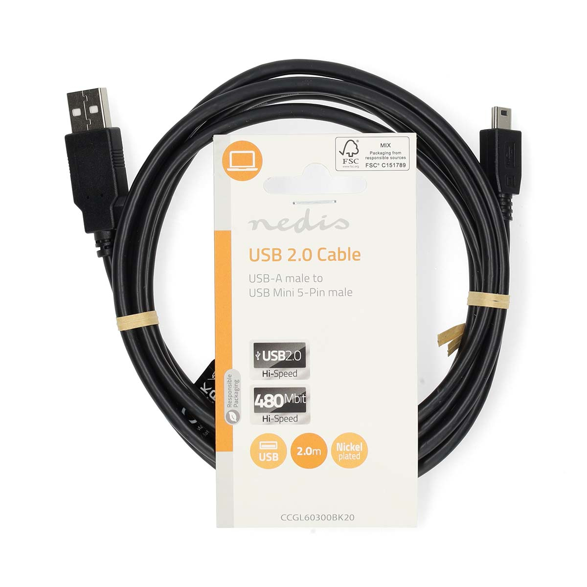 A USB cable in a clear plastic package.