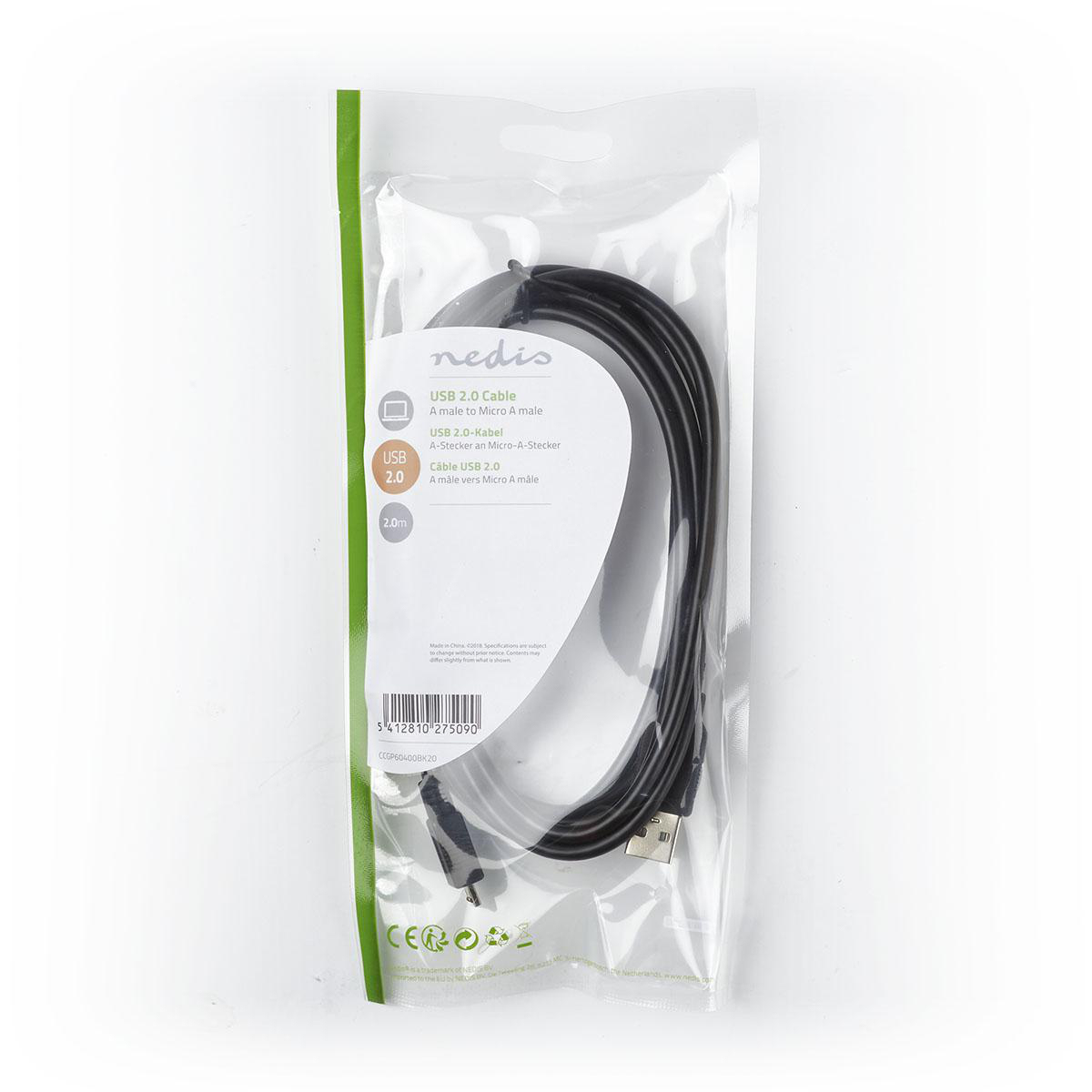 Ein USB 2.0-Kabel in einer Plastikverpackung auf weißem Hintergrund.