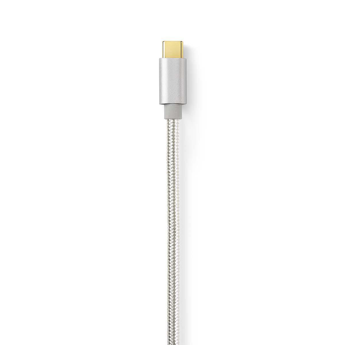 Ein silbernes USB-C-Kabel mit einem silbernen und goldenen Stecker auf weißem Hintergrund.