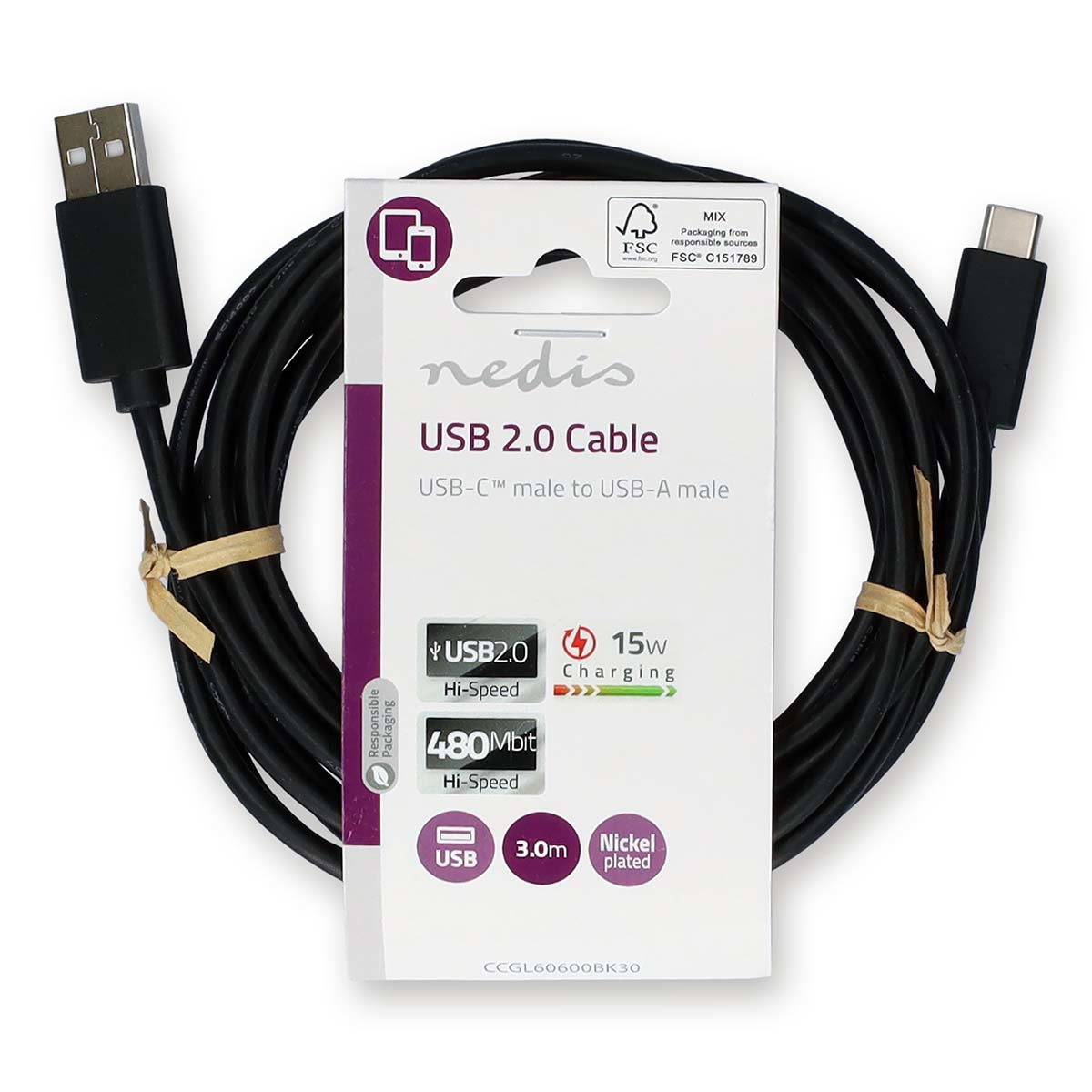 Black USB cable with packaging. The nedis logo is visible.