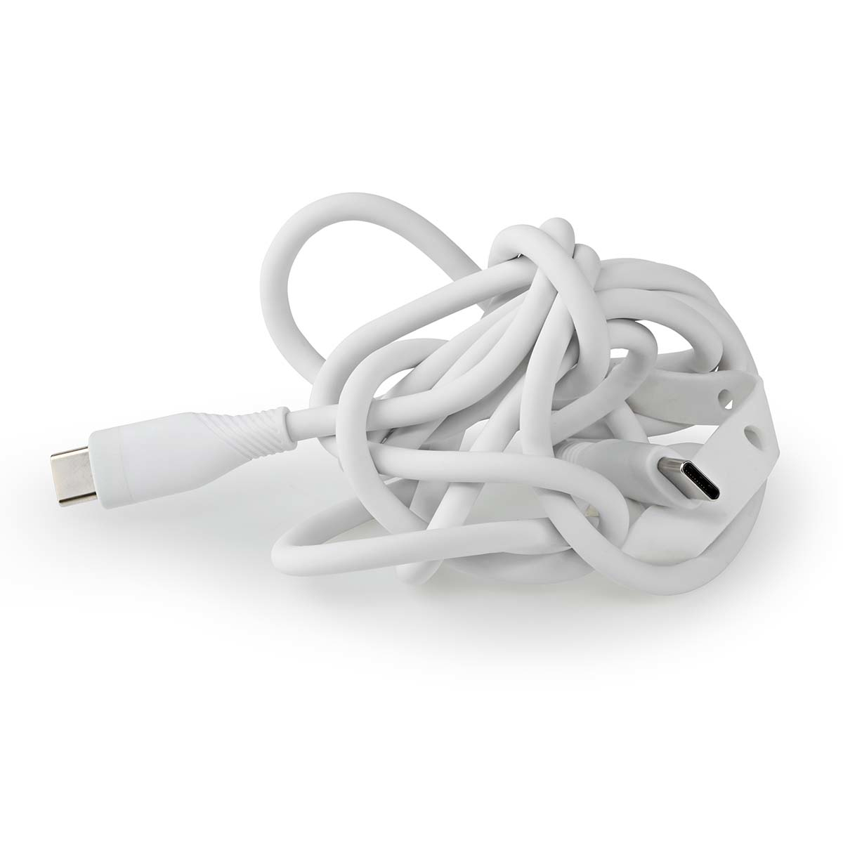 Ein weißes USB-C-Kabel, mit Anschlüssen an jedem Ende verheddert.