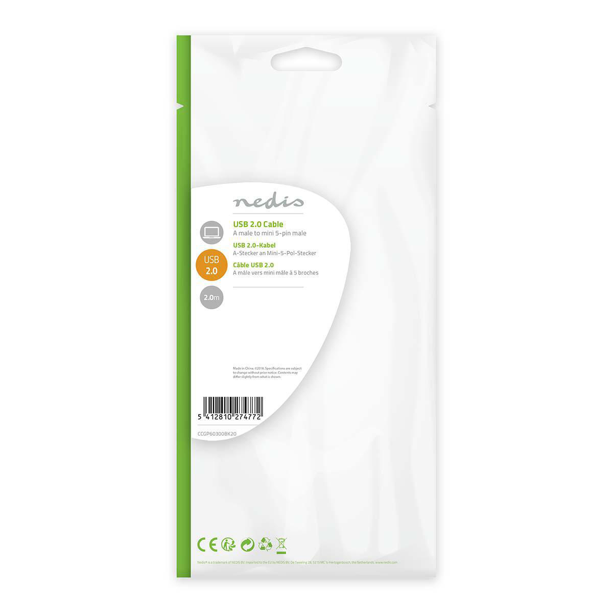 Cavo USB 2.0 bianco in un sacchetto di plastica con informazioni sul prodotto.