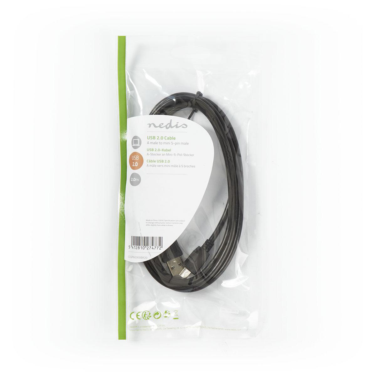 Cavo USB 2.0 in confezione di plastica. Testo e logo sulla confezione.