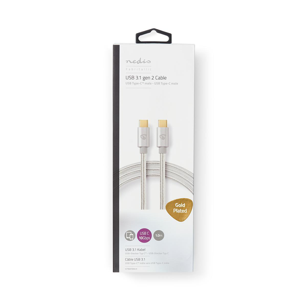 Weiße Box mit USB-Kabel. Goldene Anschlüsse, schwarzer Text und weißer Hintergrund.