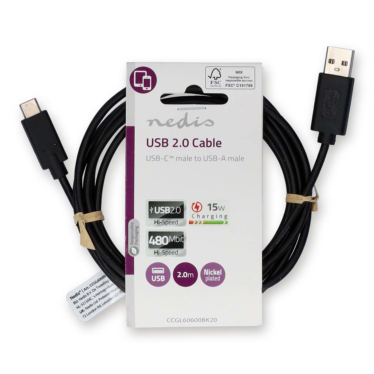 Black USB cable with package on white background.