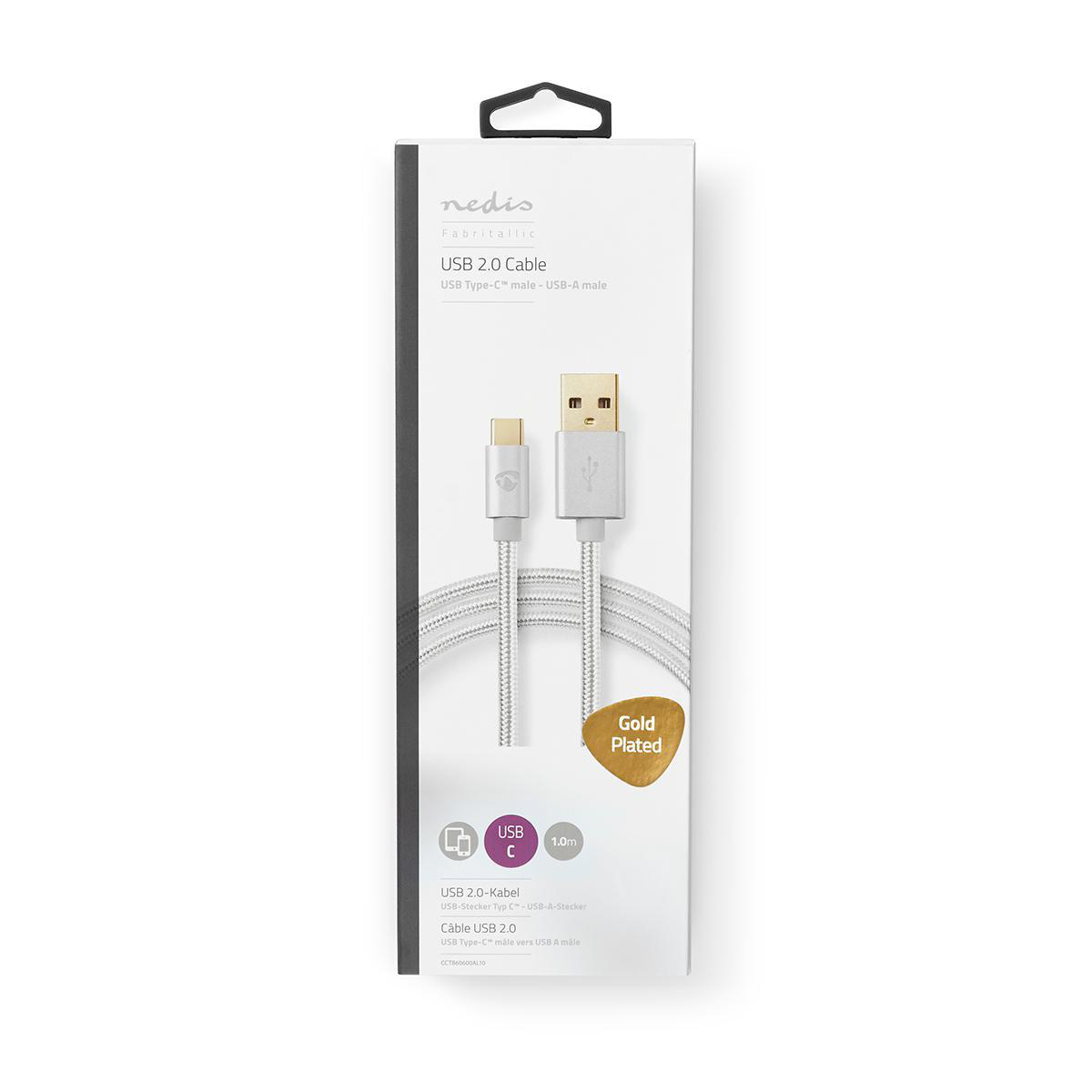 White and silver USB 2.0 cable packaging with a USB-C and a USB-A connector.
