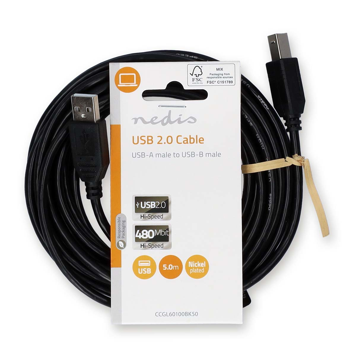USB 2.0-Kabel in Verpackung, schwarzes Kabel, USB-A-Stecker zu USB-B-Stecker.