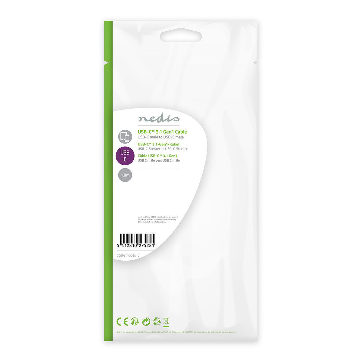 USB-C 3.1 Gen1 Kabel in klarer Plastikverpackung. Weiße Verpackung, schwarzes Kabel.