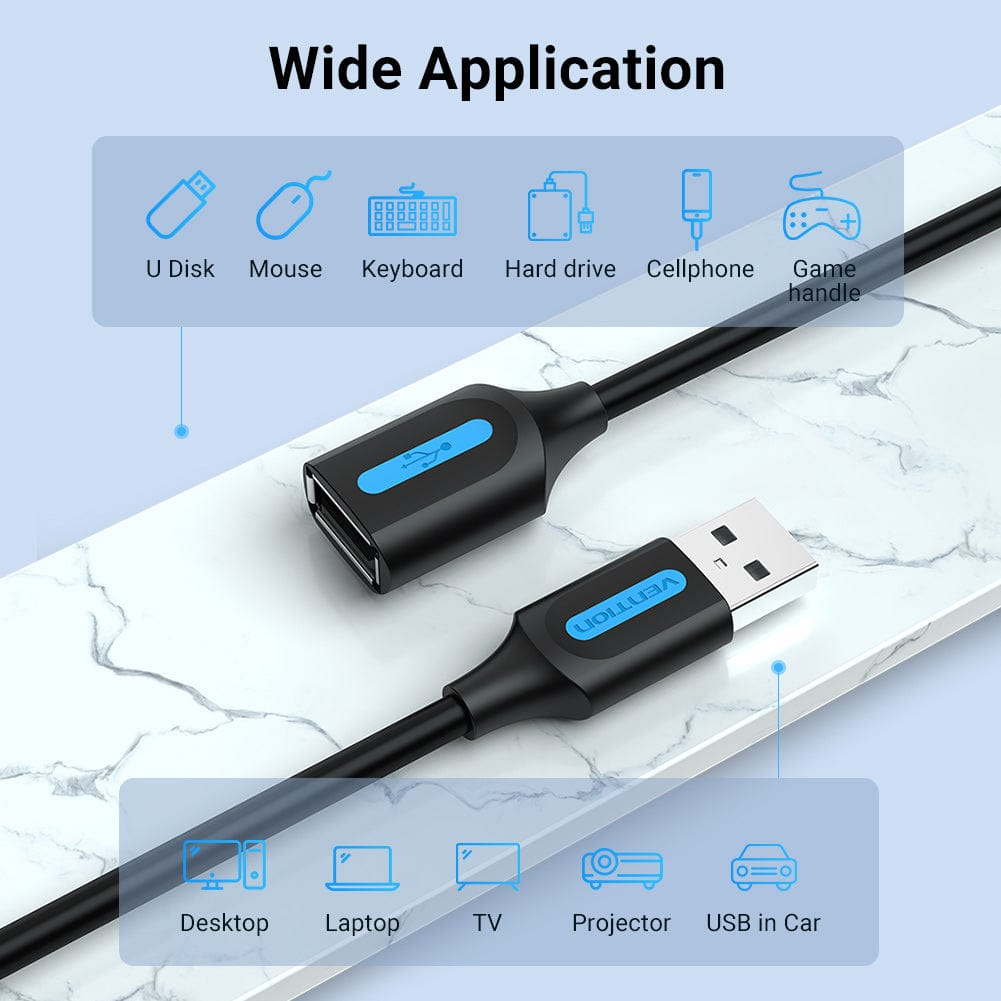 Zwarte USB verlengkabel met blauwe connectoren en pictogrammen voor diverse apparaattoepassingen.