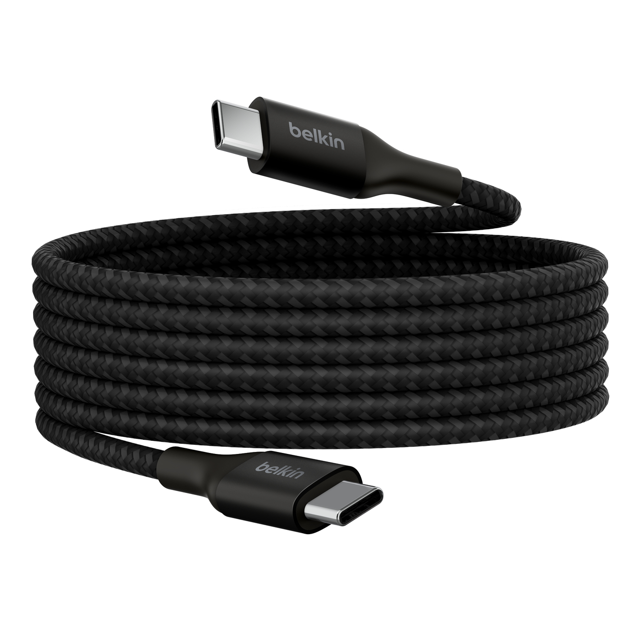 Cavo USB-C Belkin nero arrotolato. Connettori USB-C su entrambe le estremità.