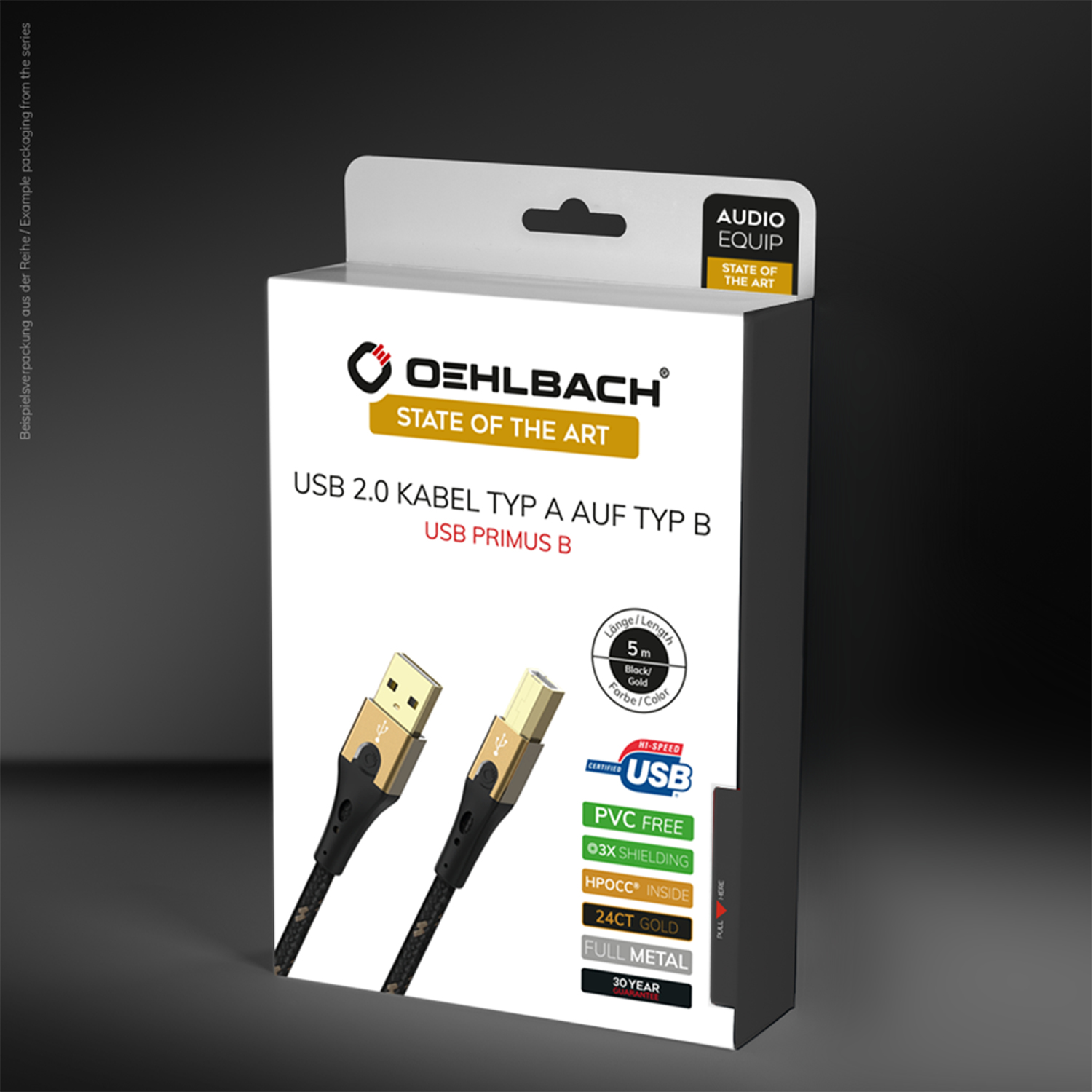 Oehlbach USB 2.0 Kabelbox, schwarz-goldenes Kabelbild, Produktdetails.