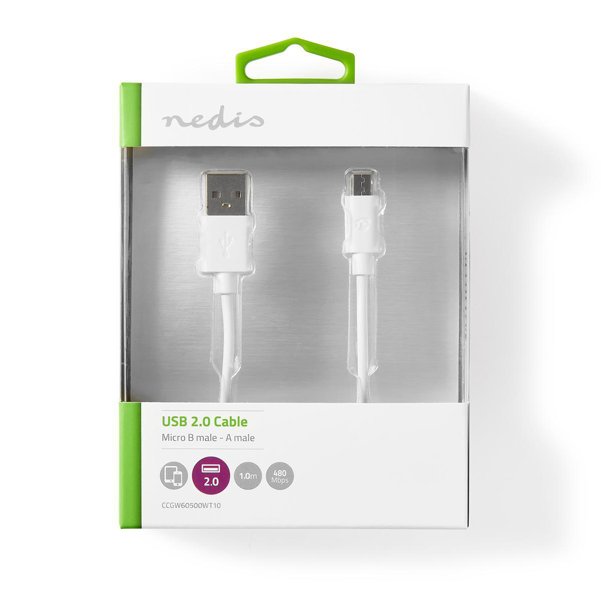 Ein USB 2.0-Kabel in einer transparenten Kunststoffverpackung. Das Kabel ist weiß, und die Verpackung hat einen grünen Rand.