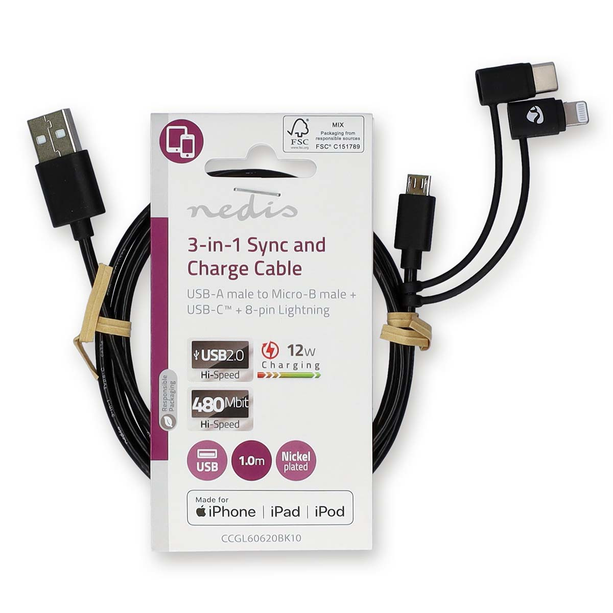 Ein 3-in-1-Sync- und Ladekabel. USB-A auf Micro-B-Stecker + USB-C™ + 8-poliger Lightning, schwarz.