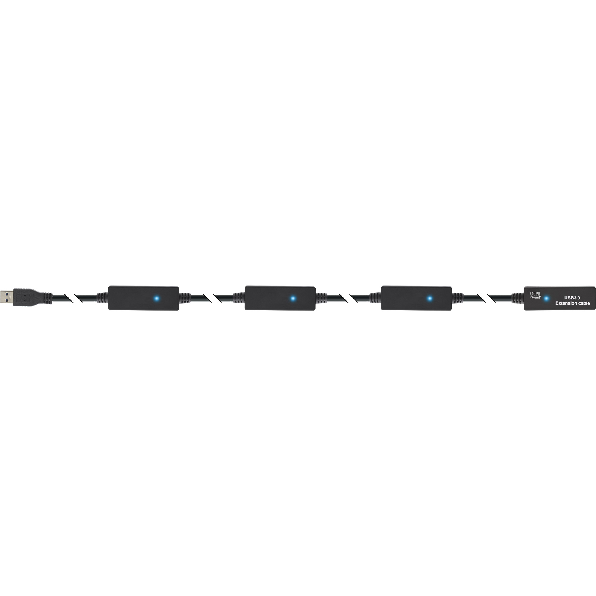 Più cavi di prolunga USB in fila con luci blu al centro delle parti nere.