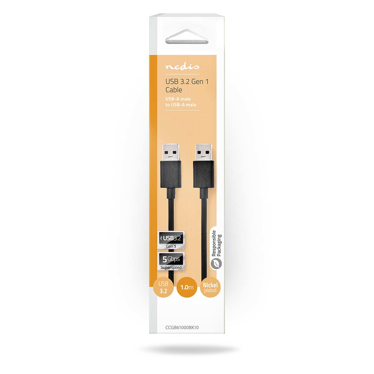 Rectangular white and black Nedis USB cable packaging. The cable is black. Text on the box.