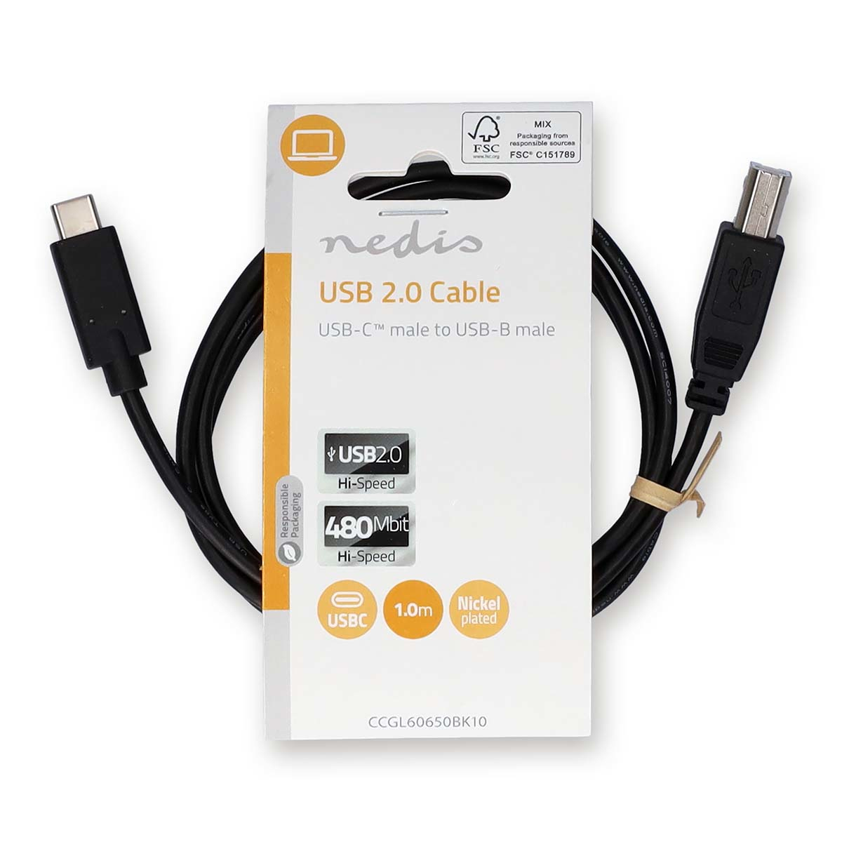 Black USB 2.0 cable with USB-C and USB-B connectors, on white background.