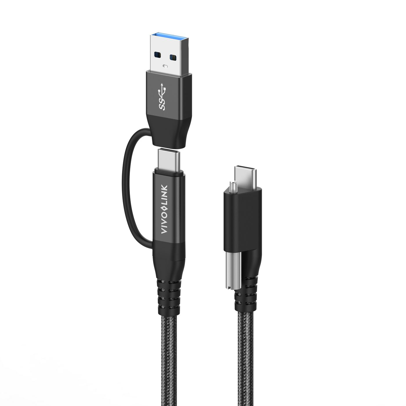 Cavo USB nero e grigio con più connettori. Include USB-A a C e USB-A a C.