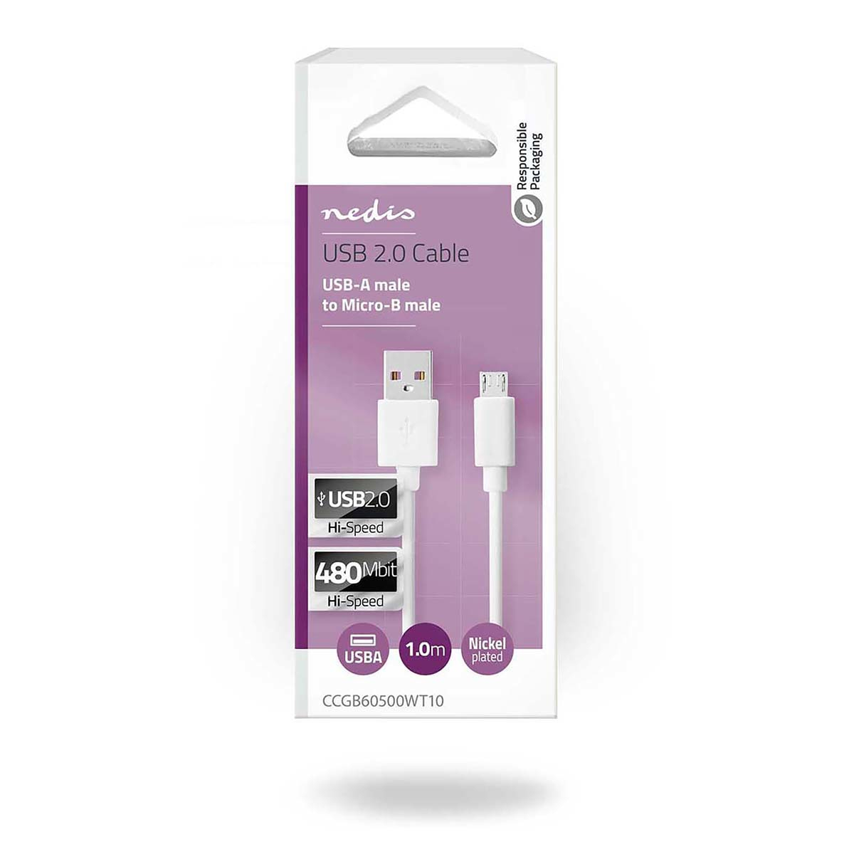 USB 2.0 Kabelverpackung. Weißes Kabel mit schwarz-weißem Etikett. Zeigt USB-A zu Micro-B.