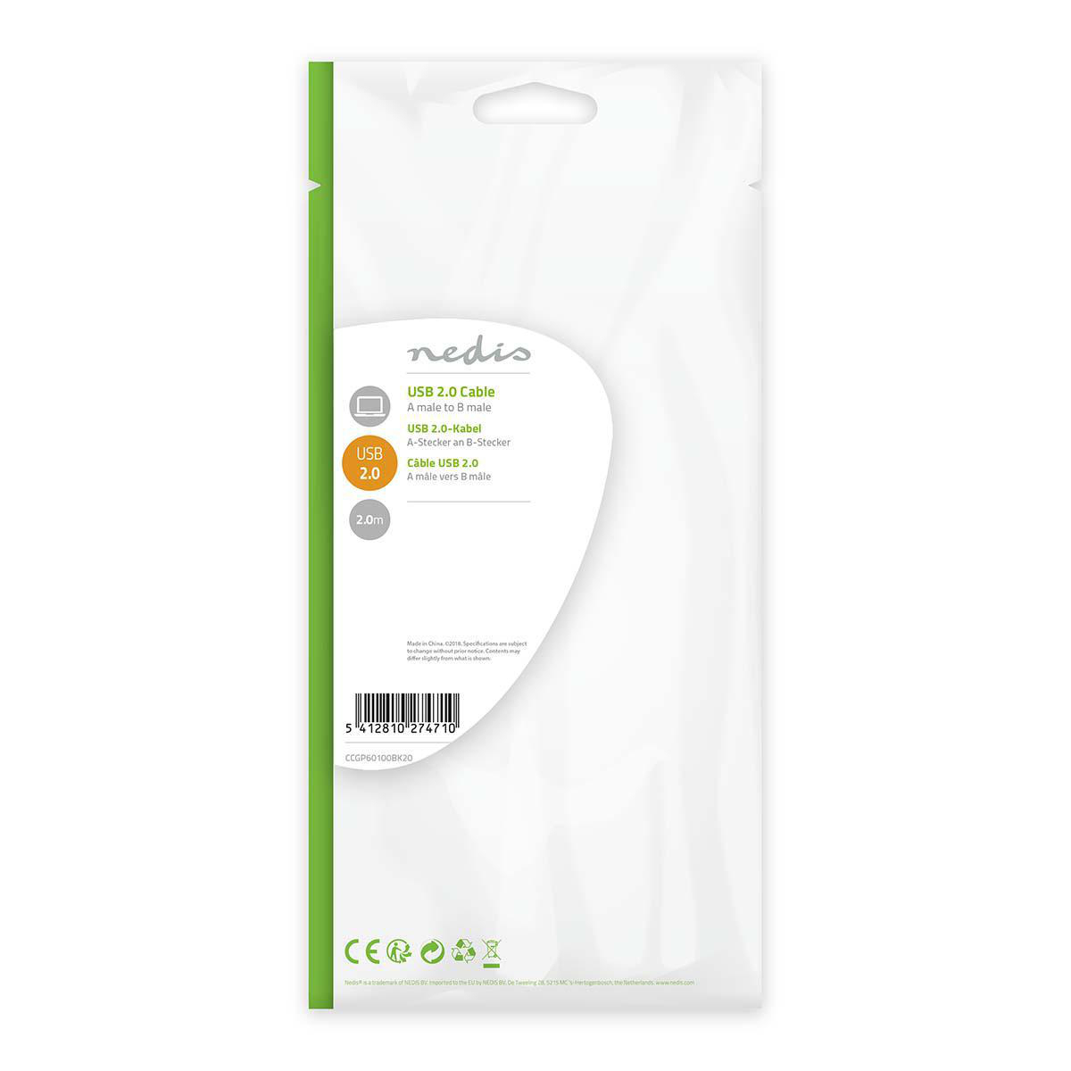 Weißes USB 2.0-Kabel in einem Plastikbeutel mit Produktinformationen.