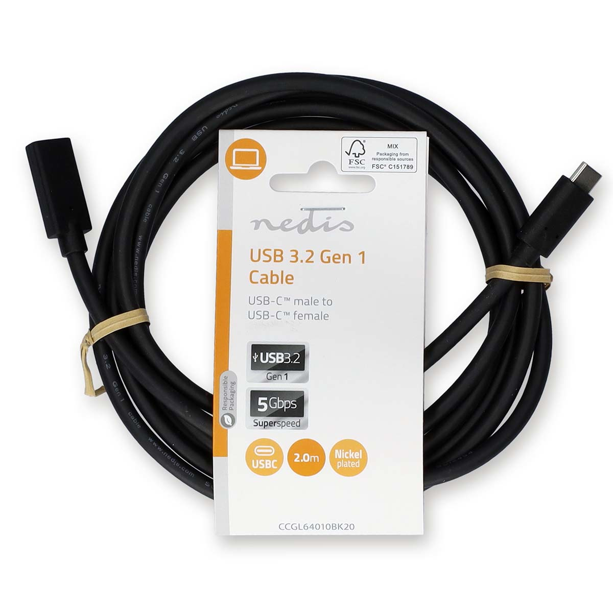 Black USB 3.2 Gen 1 cable. It's male to USB-C female. The packaging shows details and logos, white background.
