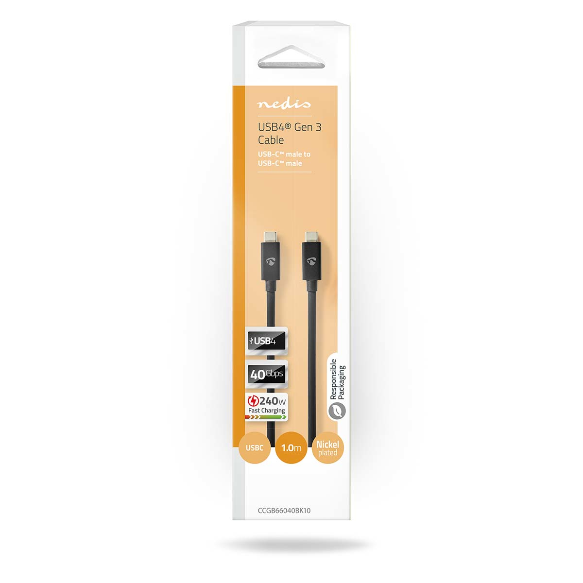 White and black USB4 Gen 3 cable in packaging, with USB-C connectors, 1.0m long.