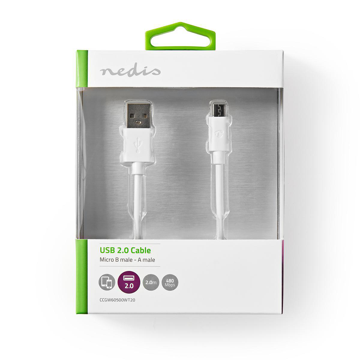 Weiße und grüne Nedis USB 2.0 Kabelverpackung, mit USB-zu-Micro-USB-Kabel.