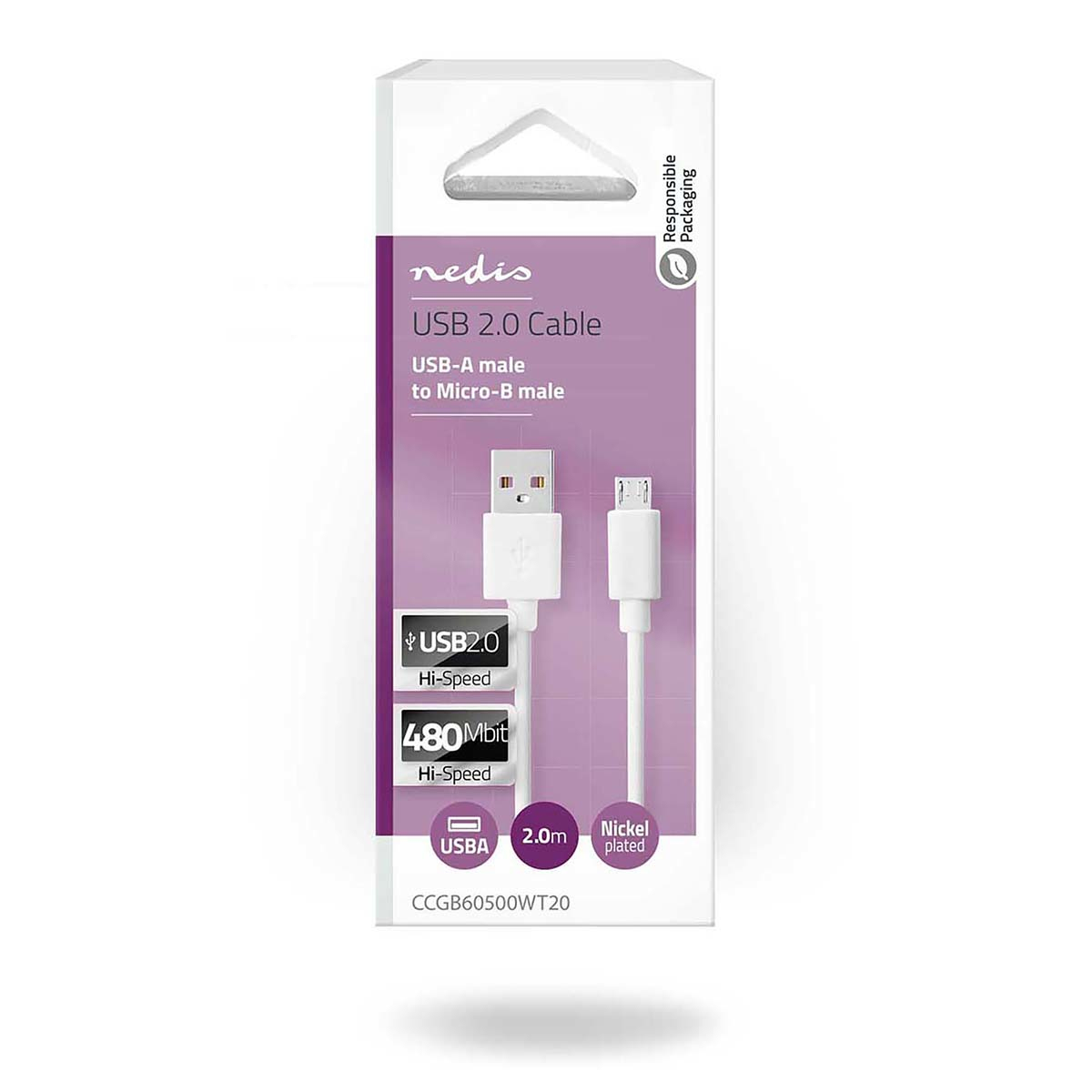 Weiße Schachtel mit USB 2.0 Kabel. Das Paket enthält ein weißes Kabel mit Anschlüssen.