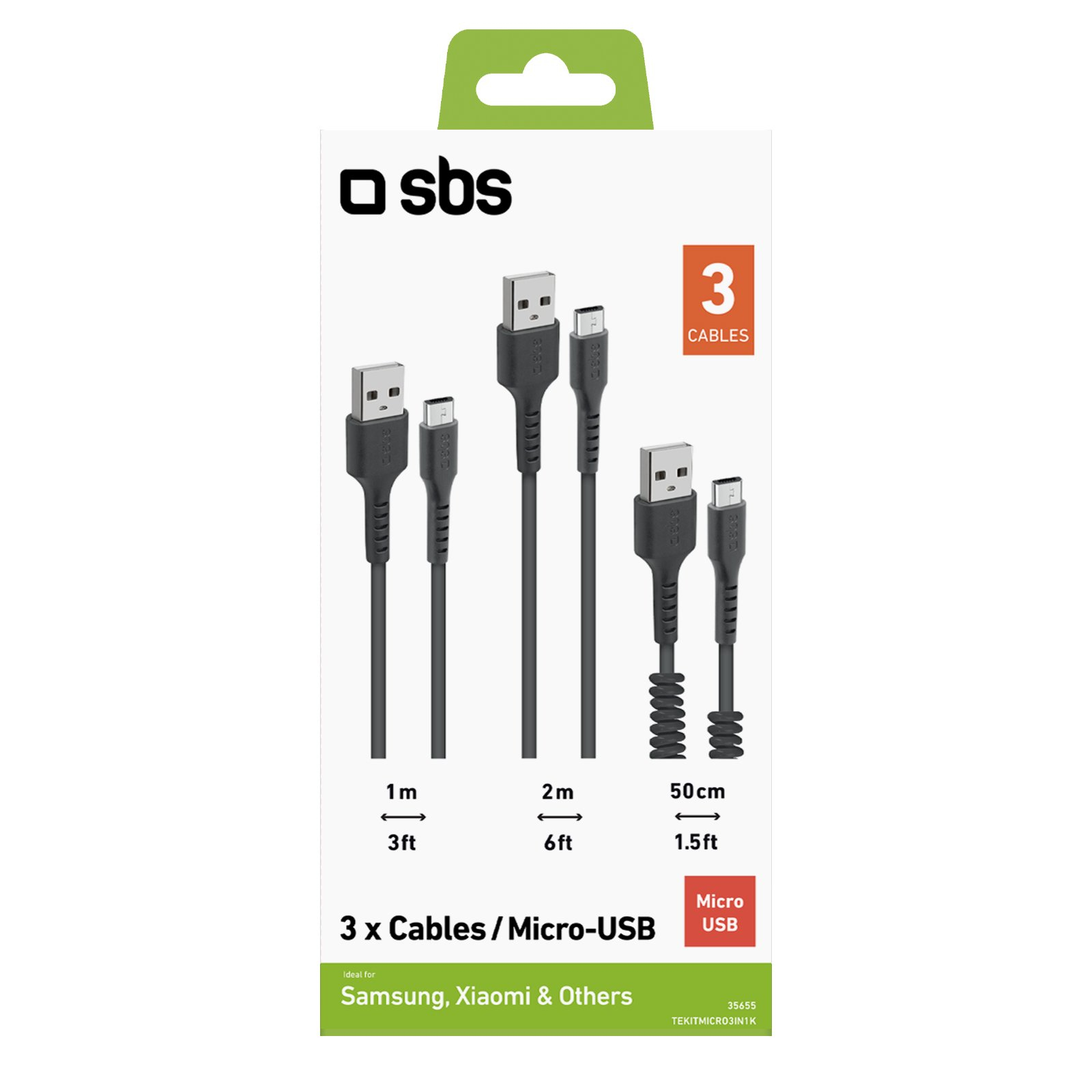 Verpackung mit drei Micro-USB-Kabeln. Die Packung enthält Längenangaben (1m, 2m, 50cm). SBS-Markenlogo oben.