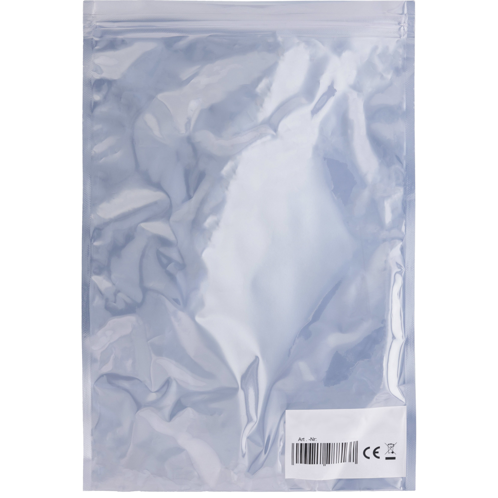 Un sac en plastique transparent avec une étiquette. Le sac est vide et le fond est blanc.