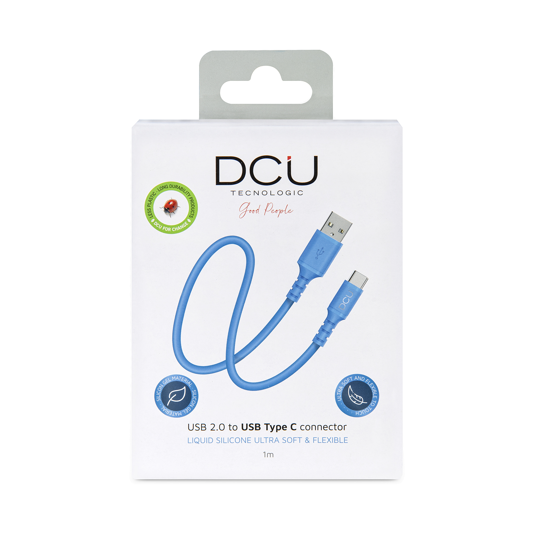 Cavo USB-C blu in una scatola bianca. Il cavo è etichettato 'USB 2.0 to USB Type C connector'.