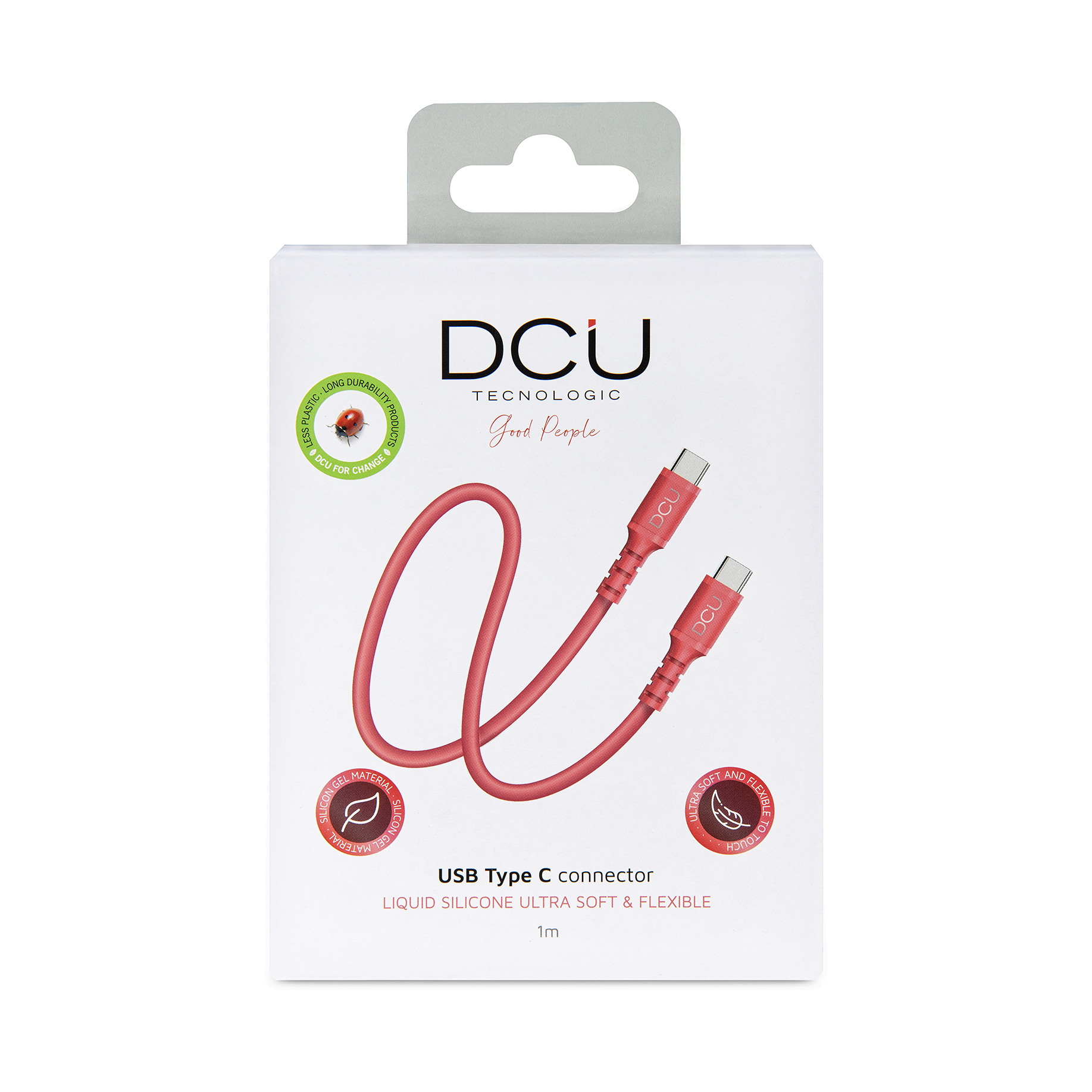 Cavo USB Tipo C rosso in una scatola bianca con foro per appenderlo.